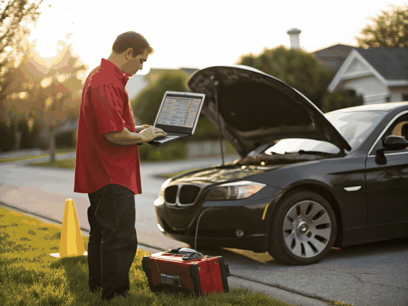 Mobile mechanic working with tools from a fully equipped service van on a residential driveway