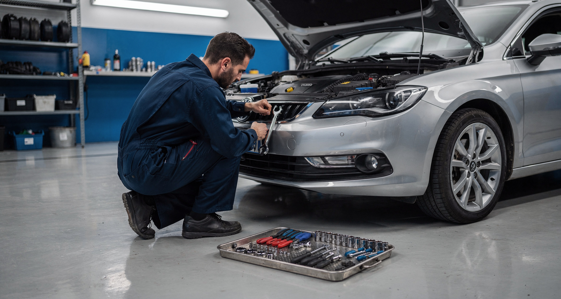 Mechanic working under a car on a UK driveway